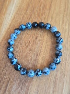 Snowflake Obsidian & Black Onyx Beads Bracelet, Stretch, Hand Crafted